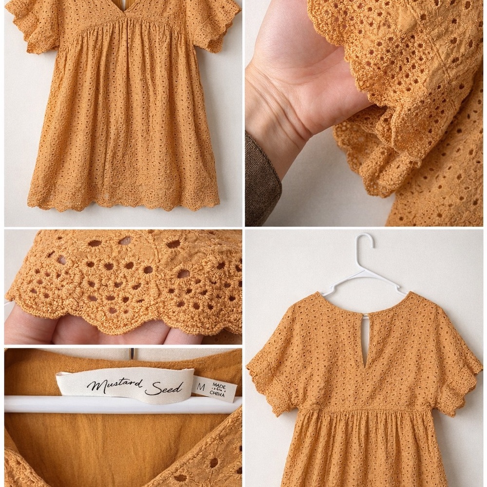Mustard Seed Eyelet Lace Babydoll Top | Boho Cottagecore Blouse | Size M